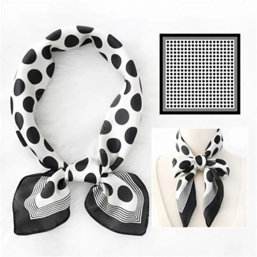 Black and White Silk Feeling Polka Dot Square Scarf 27.5” Satin Retro